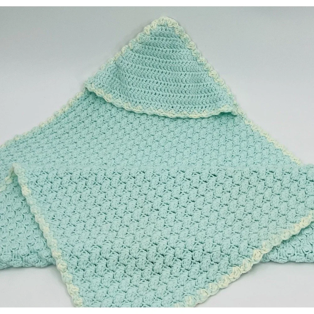 Vintage Hand Knit Crochet Hooded Baby Blanket Sea Green 25